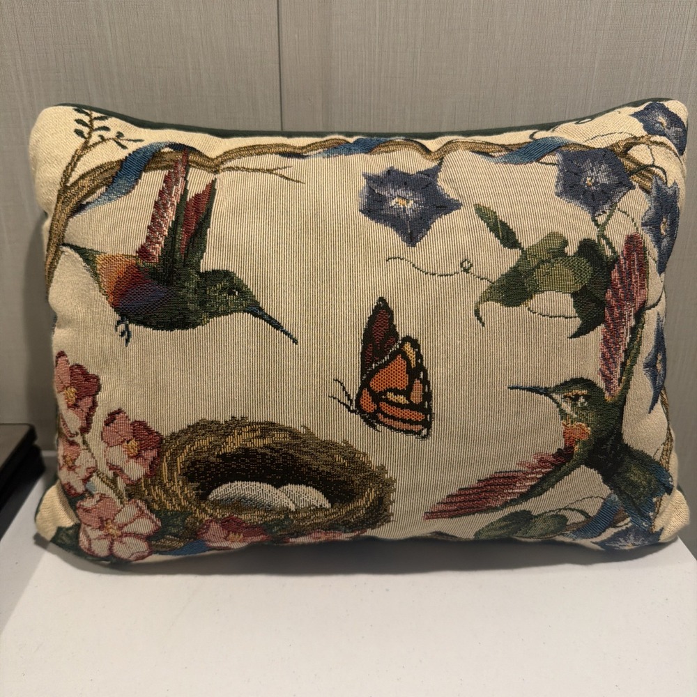 Vtg Woven Tapestry Hummingbird Butterfly Nest Lumbar Pillow Cottagecore
